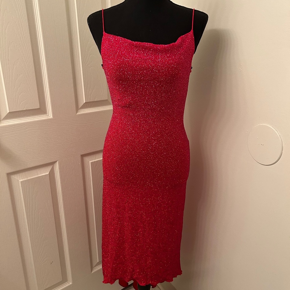 Be Smart Bright Pink Sparkle Slinky Midi Dress With Low Back Size 5/6